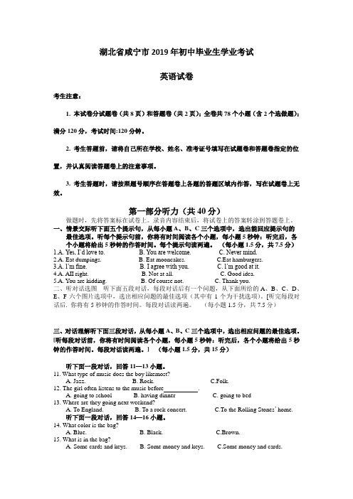 2019年湖北省咸宁市中考英语试题