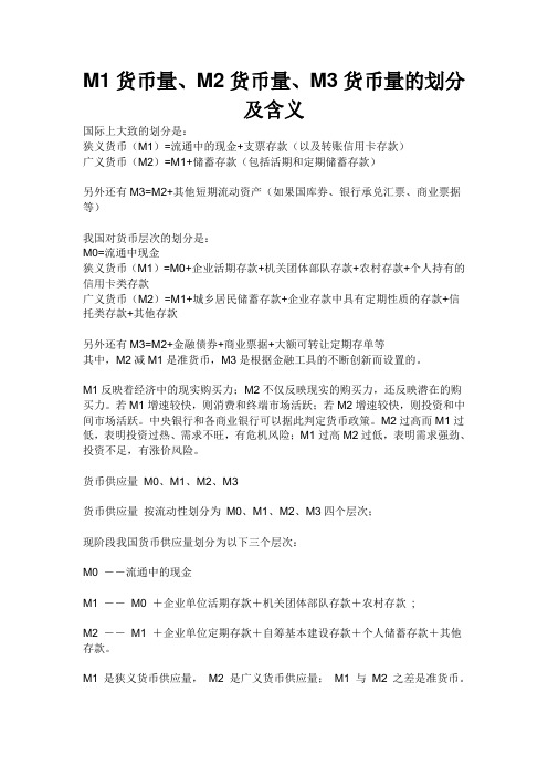 M1货币量、M2货币量、M3货币量的划分及含义