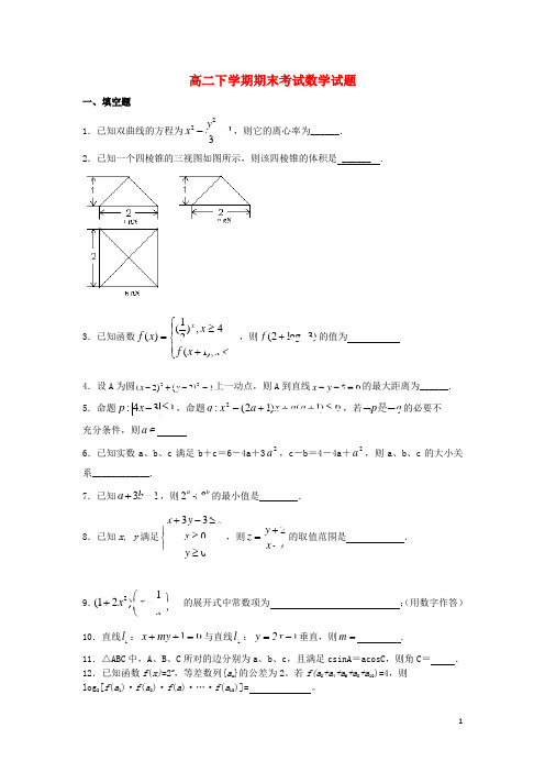 江苏省盐城市阜宁县东沟中学高二数学下学期期末考试试题苏教版