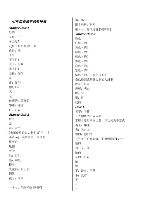 新人教版七年级上册英语单词听写表