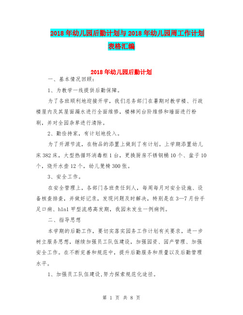 2018年幼儿园后勤计划与2018年幼儿园周工作计划表格汇编