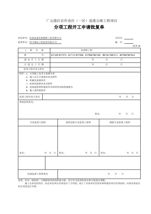 分部(项)工程开工申请批复单