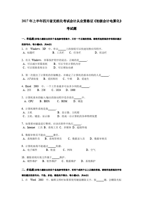 2017年上半年四川省无纸化考试会计从业资格证《初级会计电算化》考试题