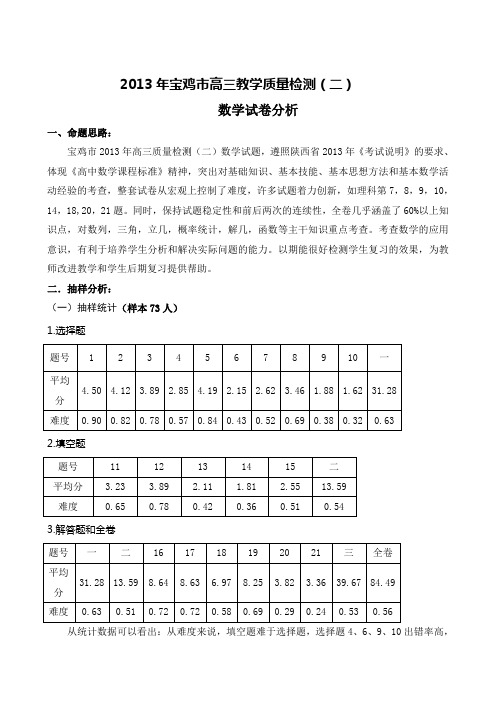 2013年宝鸡市高三教学质量检测(二)数学试卷分析