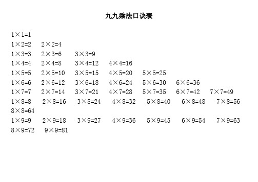 九九乘法口诀表(全word打印版)