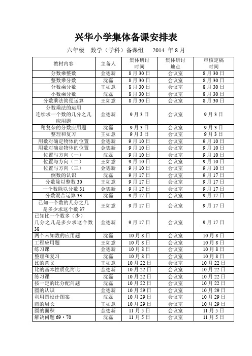 六年级上备课安排表