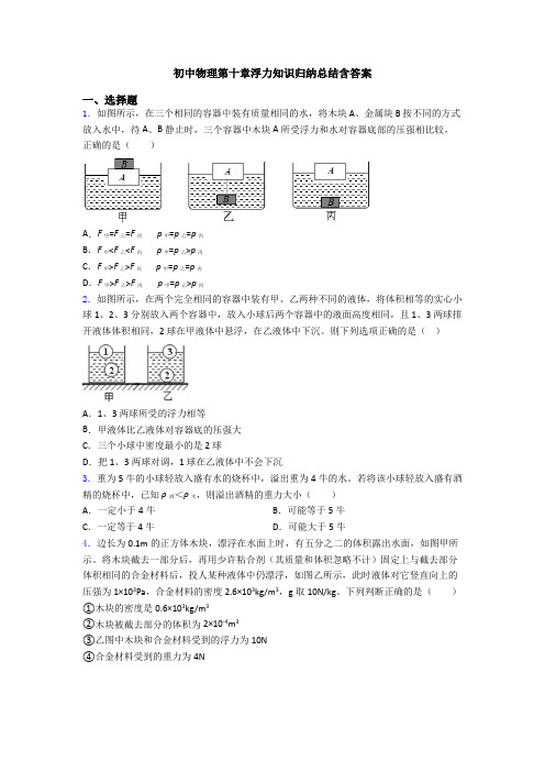 初中物理第十章浮力知识归纳总结含答案