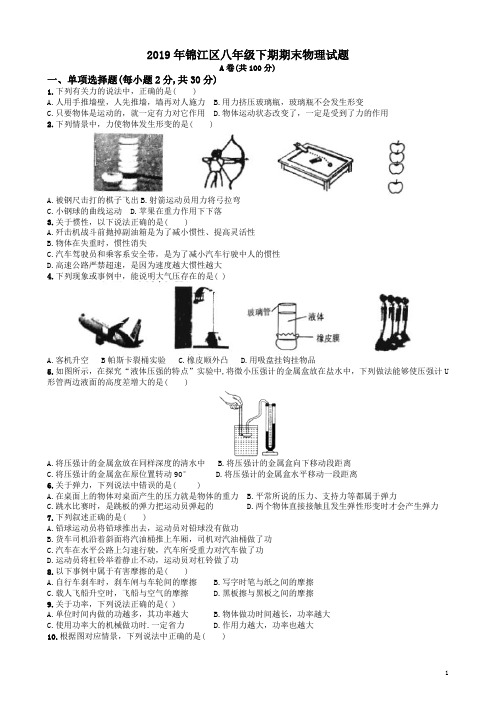 2019年成都市锦江区八年级下期期末物理试题