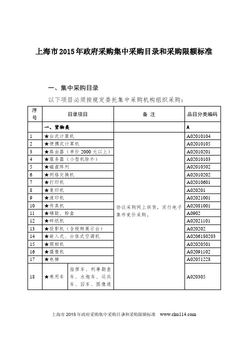 上海市2015年政府采购集中采购目录和采购限额标准