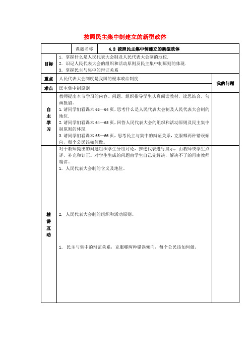 高中政治 4_2按照民主集中制建立的新型政体导学案(无答案)新人教版