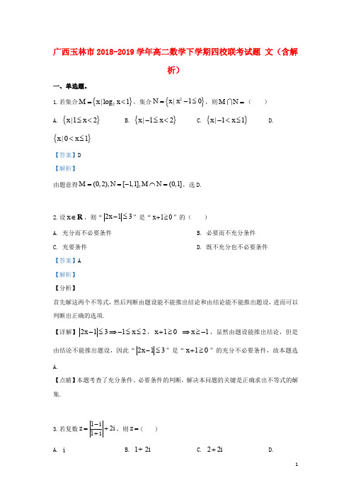 广西玉林市2018_2019学年高二数学下学期四校联考试题文(含解析)
