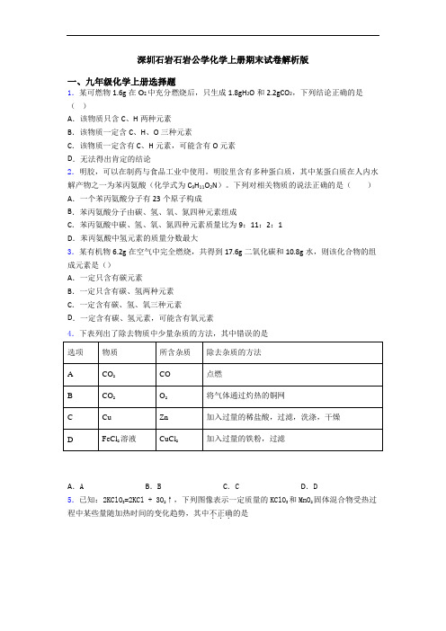 深圳石岩石岩公学化学初三化学上册期末试卷解析版