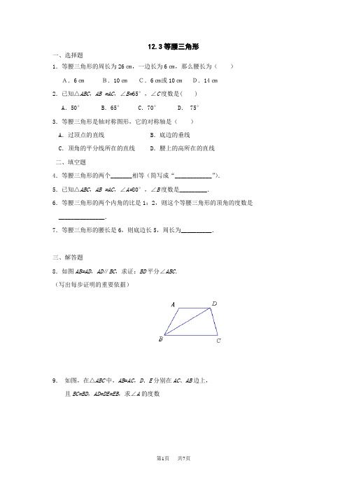 12.3等腰三角形同步练习(人教版初中数学八年级上册)