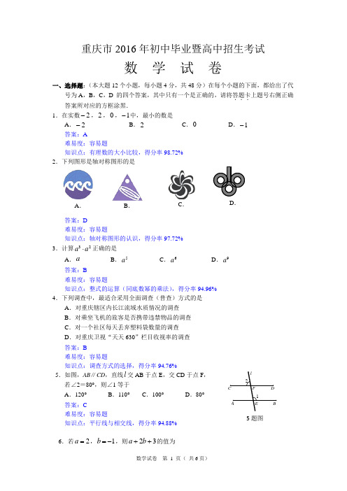2016重庆中考数学试题答题分析