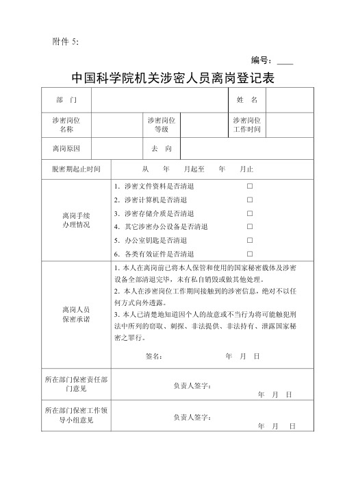 涉密人员离岗登记表