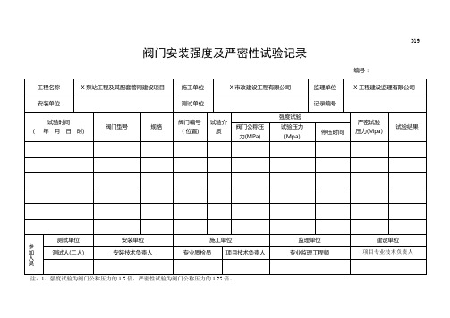 阀门安装强度及严密性试验记录