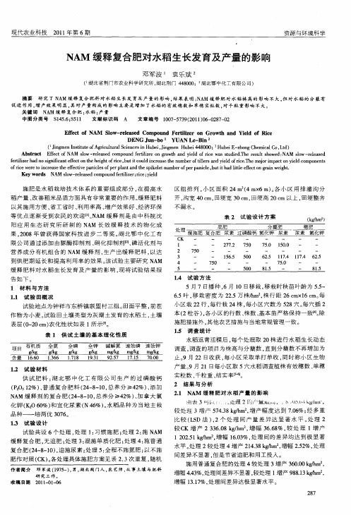 NAM缓释复合肥对水稻生长发育及产量的影响