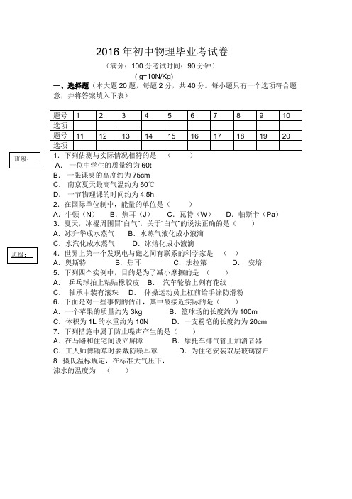 物理毕业考试