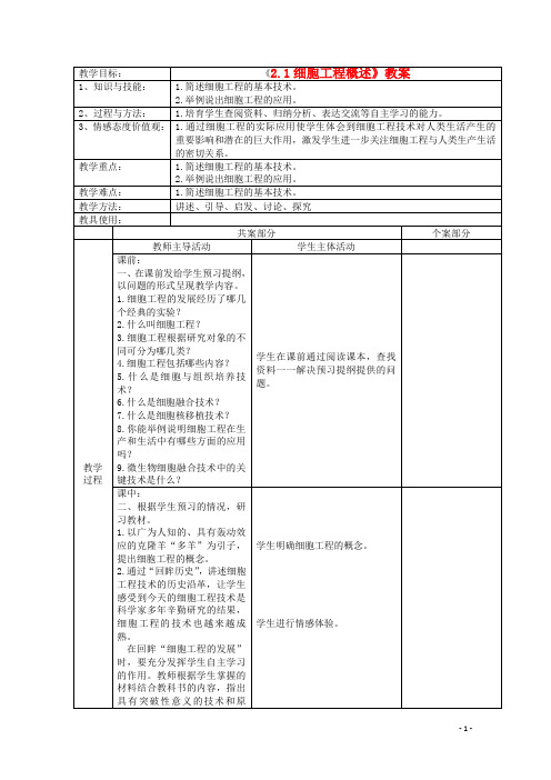 2.1细胞工程概述   教案   苏教版选修3