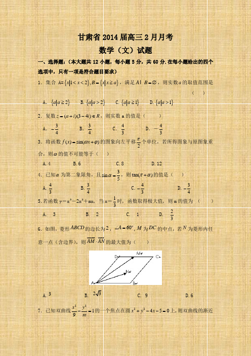 甘肃省张掖市2014届高三2月月考数学(文)试题 Word版含答案