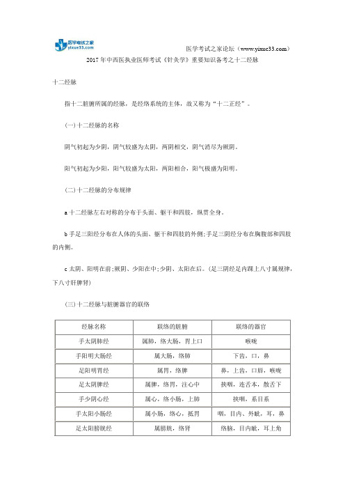 2017年中西医执业医师考试《针灸学》重要知识备考之十二经脉