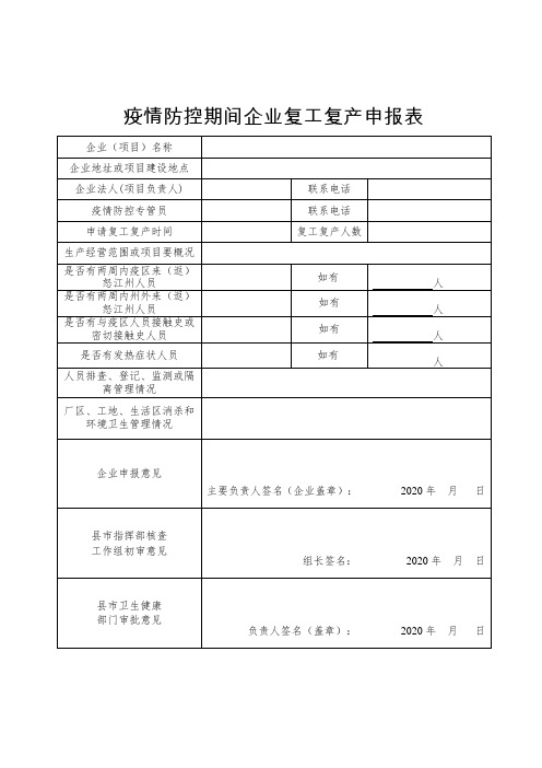 疫情防控期间企业复工复产申报表