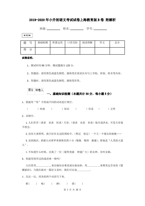 2019-2020年小升初语文考试试卷上海教育版B卷 附解析