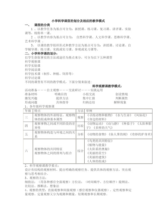 小学科学课型的划分及相应的教学模式