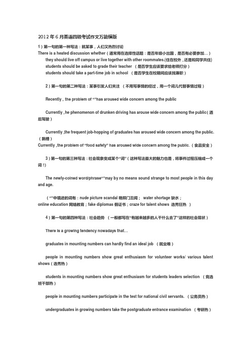 2012年6月英语四级考试作文万能模版