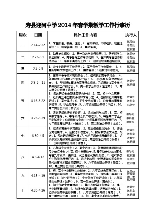 寿县迎河中学2014年春学期教学工作行事历