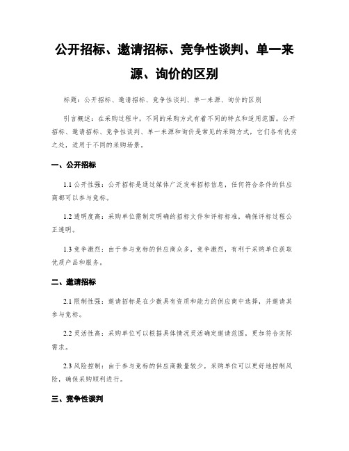 公开招标、邀请招标、竞争性谈判、单一来源、询价的区别