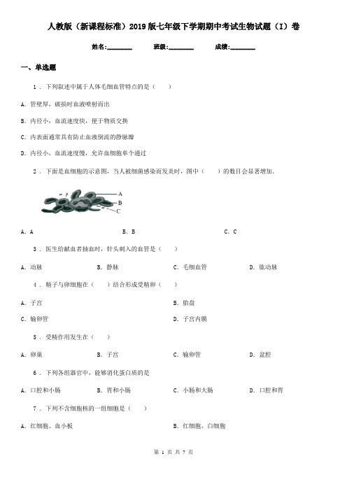 人教版(新课程标准)2019版七年级下学期期中考试生物试题(I)卷