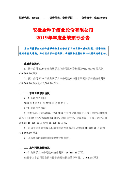 金种子酒：2019年年度业绩预亏公告