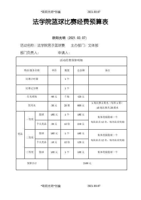 篮球赛经费预算之欧阳光明创编