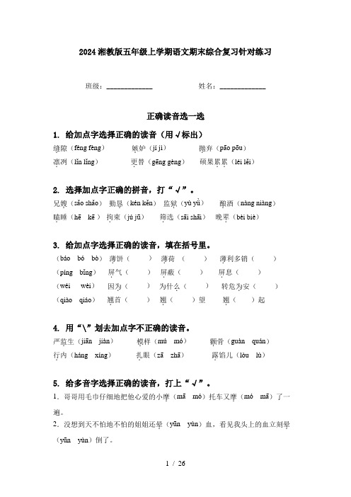 2024湘教版五年级上学期语文期末综合复习针对练习