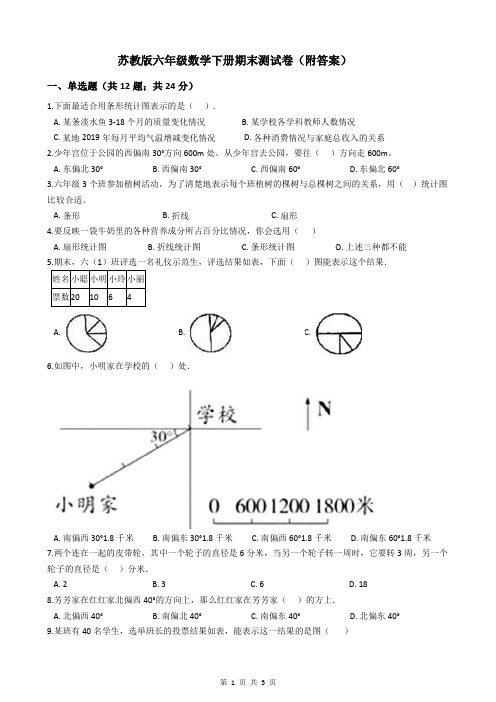 苏教版六年级数学下册期末测试卷(附答案)