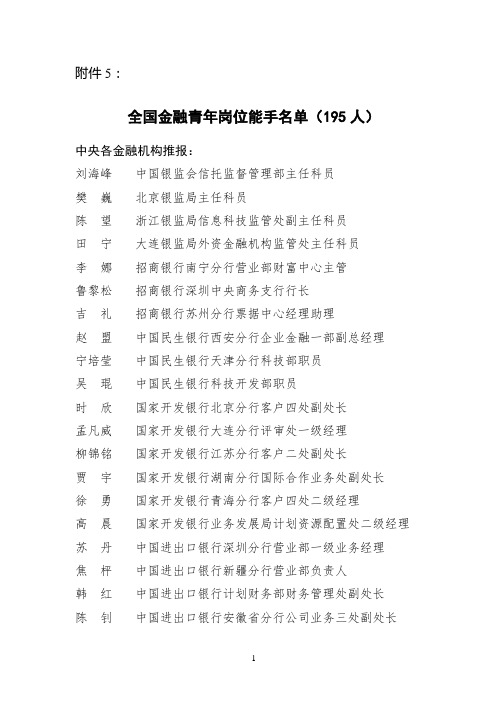 全国金融青年岗位能手名单