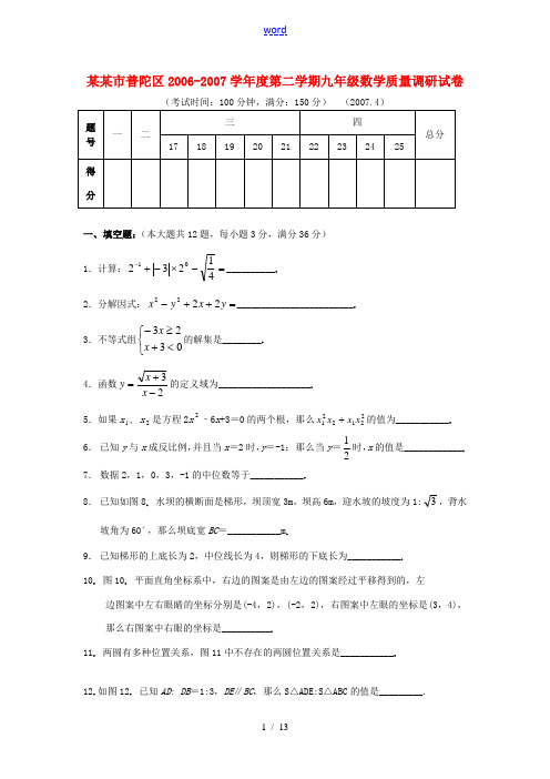 上海市普陀区2006-2007学年度第二学期九年级数学质量调研试卷