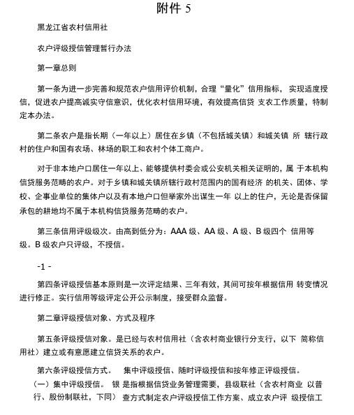 黑龙江省农村信用社农户评级授信管理暂行办法