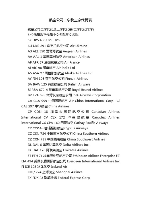 航空公司二字及三字代码表