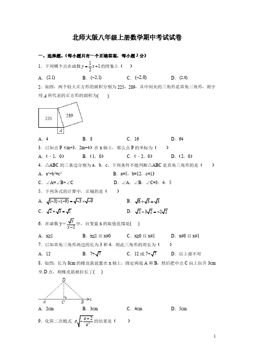 北师大版八年级上册数学期中考试试题含答案