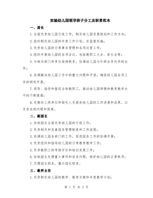 实验幼儿园领导班子分工及职责范本