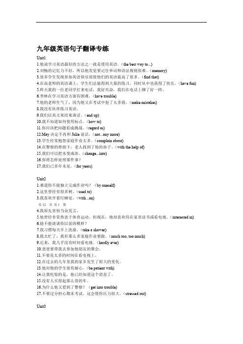 完整word版九年级英语句子翻译专项练习
