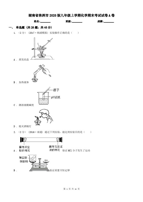 湖南省株洲市2020版九年级上学期化学期末考试试卷A卷