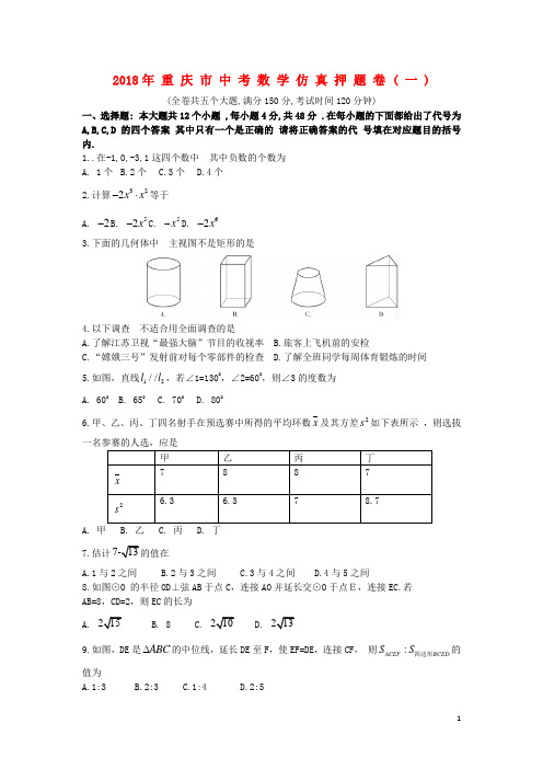 重庆市中考数学仿真押题卷一(无答案)