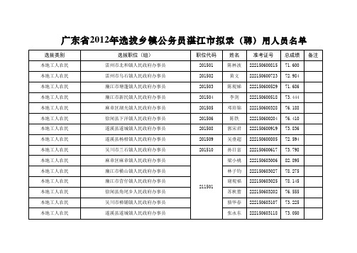 广东省2012年选拔乡镇公务员湛江市拟录(聘)用人员名单