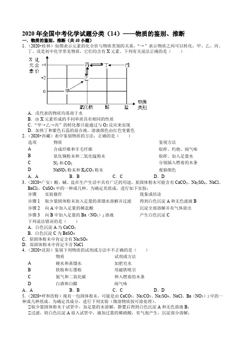 2020年全国中考化学试题分类(14)——物质的鉴别、推断