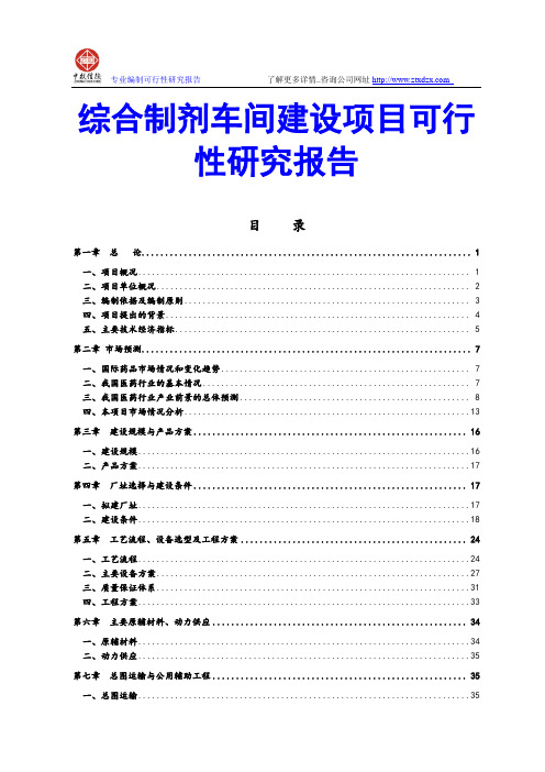 综合制剂车间建设项目可行性研究报告