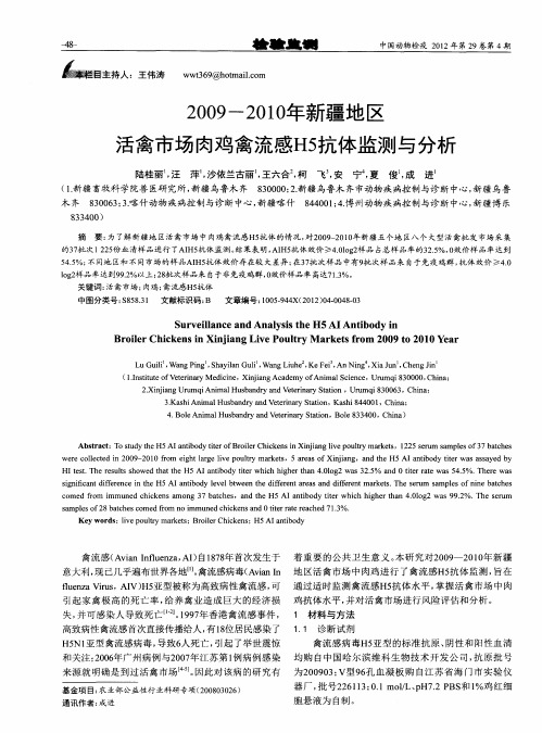 2009-2010年新疆地区活禽市场肉鸡禽流感H5抗体监测与分析