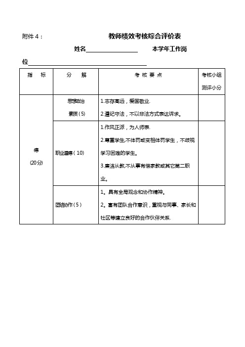 教师绩效考核综合评价表